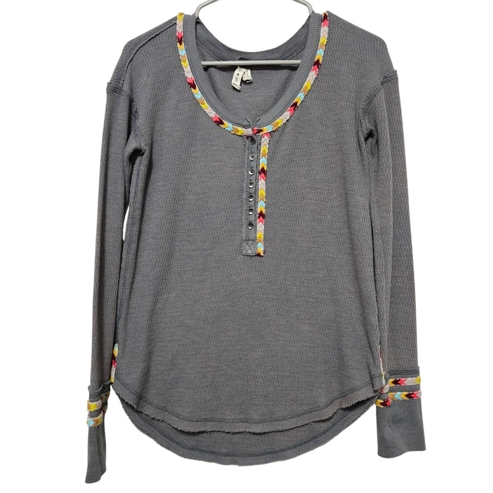 We The Free Grey Henley Top Rainbow Trim Long Sleeve Thermal Cozy Boho SM Flaw